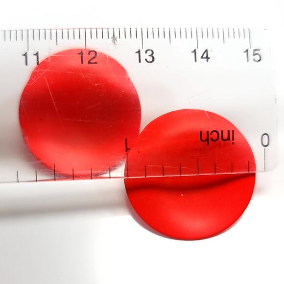 Vintage Red Metal Matte Disc Earrings, Bold Simple Design, Statement Jewelry - Picture 4 of 10